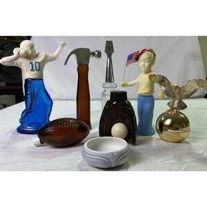Vintage Avon Collectibles Lot 7 Glass Decanters Music Box Eagle Football Bottles